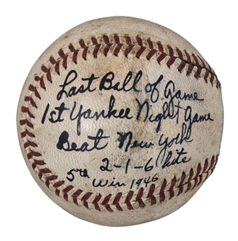 Notable 1946 Game Used Baseball Used For Last Out In First Night Game At Old Yankee Stadium - Inscribed By Winning Pitcher & Game Star Dutch Leonard (JSA & Family Letter of Provenance)